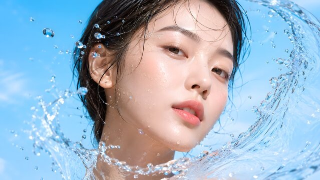 Beautiful Asian woman with glowing skin during a fresh water splash closeup