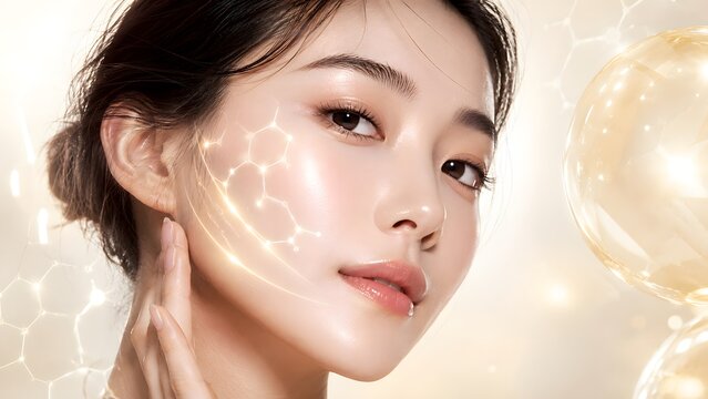 Beautiful Asian woman with lifting lines and collagen structure on glowing skin