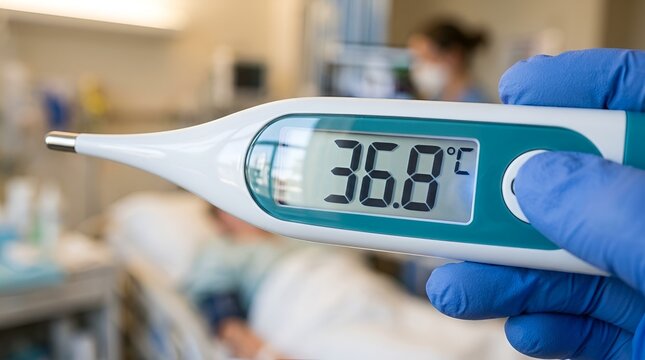 Close-up of digital thermometer showing 36.8&deg;C, healthcare background