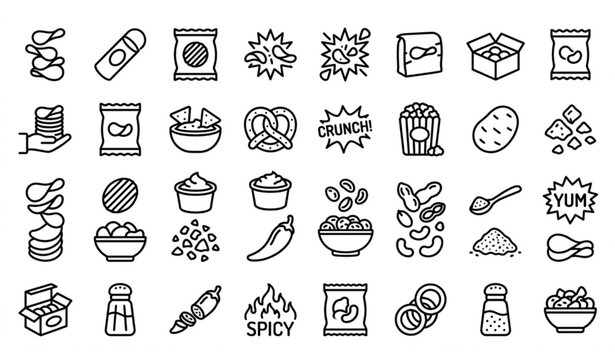 modern monoline potato chips and snacks vector line icon set with rounded strokes on white background