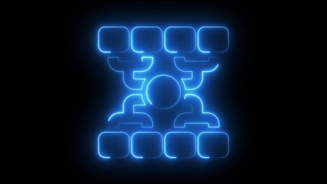 Neon blue digital organizational chart animation, corporate hierarchy flowchart business structure network concept