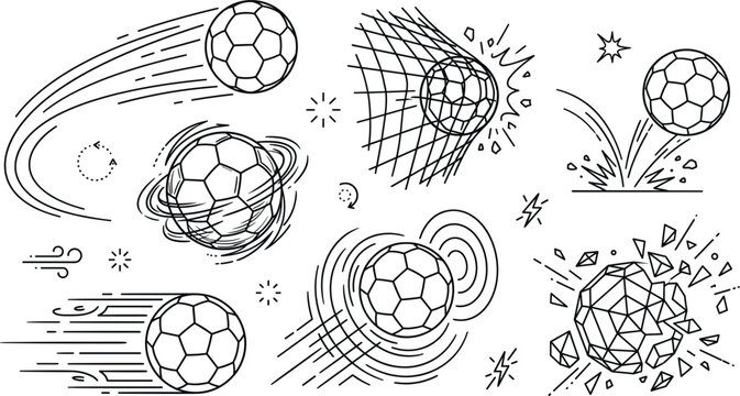 Soccer football ball dynamic action vector icon set line art illustration featuring flying speed spinning bounce net shatter
