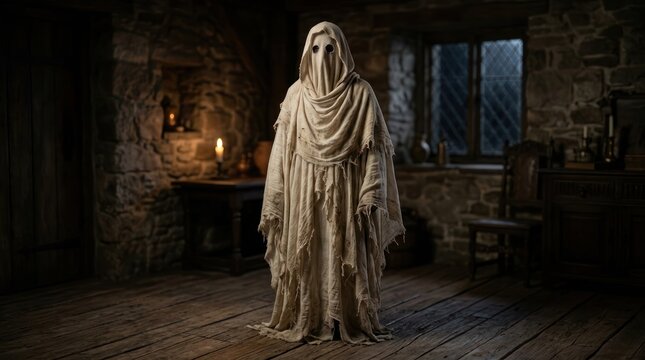 Eerie ghostly figure in stone room with window and lantern