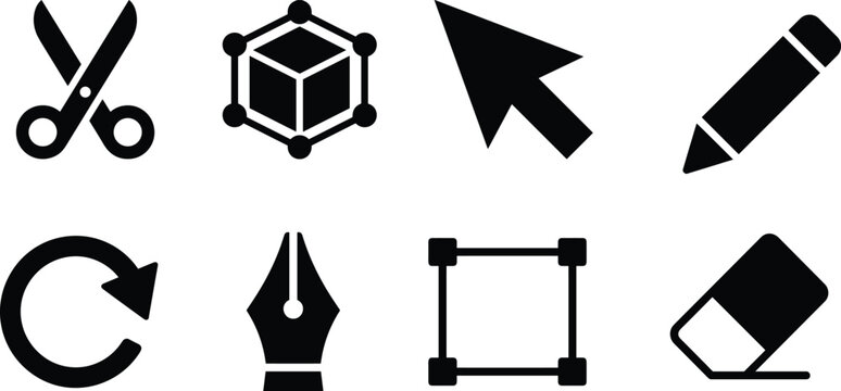 Graphic design tools and vector editing flat icons set. Design icons set with pen tool, cursor arrow, pencil, scissors and eraser.Minimalist design software icons for web and mobile app interface.