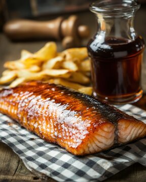 Close up of delicious haddock fish with chips and malt vinegar