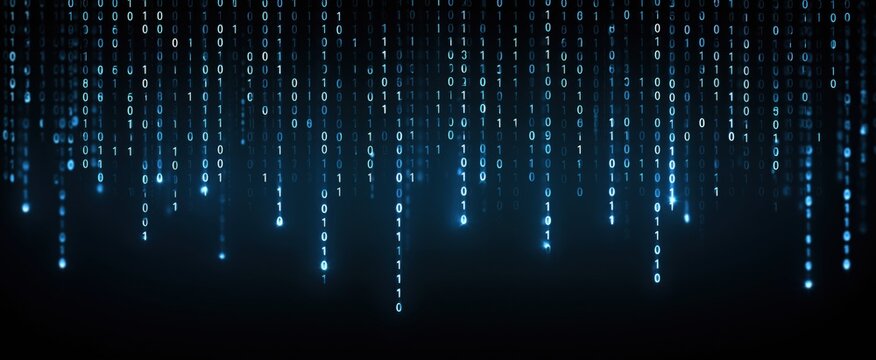 Blue binary code rain falls in a dark digital matrix enhancing the cyber security vibe