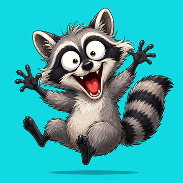 Happy Jumping Cartoon Raccoon with Wide Eyes on Cyan Background Vector Illustration