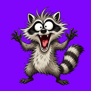 Excited Cartoon Raccoon Standing with Wide Eyes on Purple Background Vector Illustration