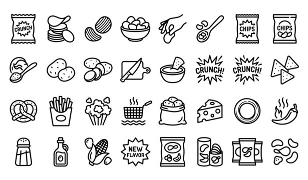 crispy potato chips and salty snacks bold line vector icon collection modern outline graphic set