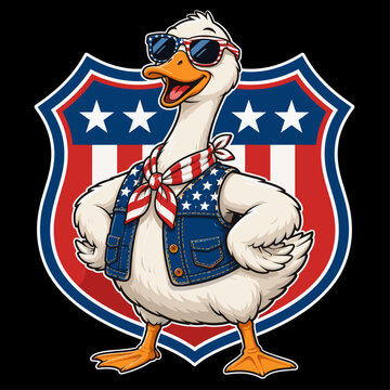 Cool Patriotic Cartoon Goose in Sunglasses and Denim Vest with Star Shield Emblem Vector Illustration