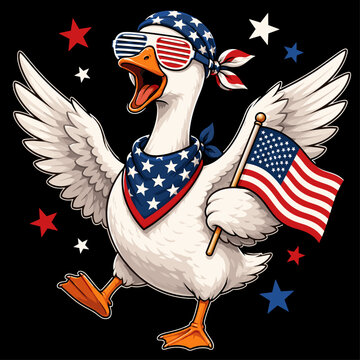 Happy Patriotic Cartoon Goose Waving American Flag with Shutter Shades and Star Bandana Vector Illustration