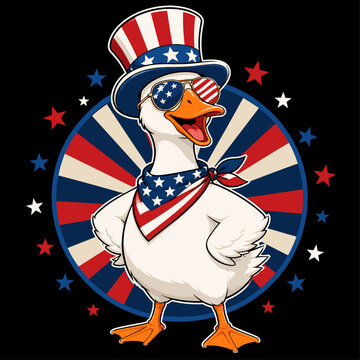 Patriotic Cartoon Duck with Top Hat, Aviator Sunglasses and Starburst Badge Vector Illustration
