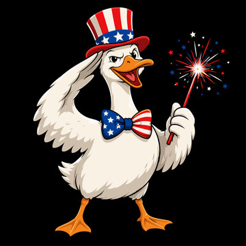Patriotic Cartoon Duck Saluting with Firework Sparkler, Red White Blue Hat and Bow Tie Vector Illustration