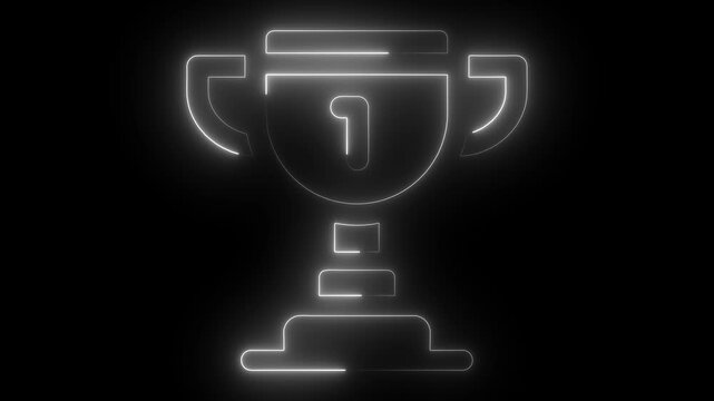 Glowing neon trophy animation, first place winner symbol for sports and business success champion
