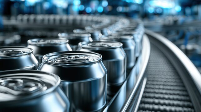 Shiny cans move steadily along a factory line
