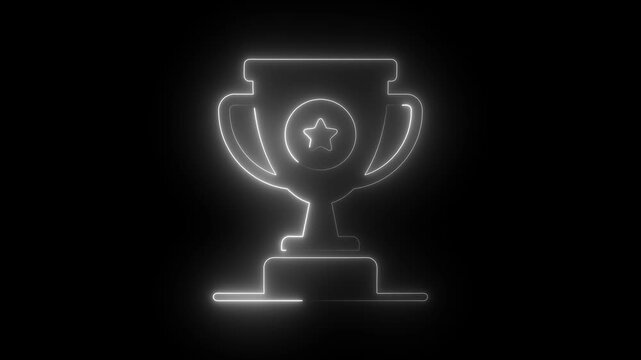 Glowing neon trophy animation, success and achievement concept, digital sign on black background victory