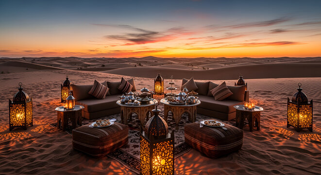 Desert Oasis Evening Lounge: Arabian Furniture, Lanterns, Sunset