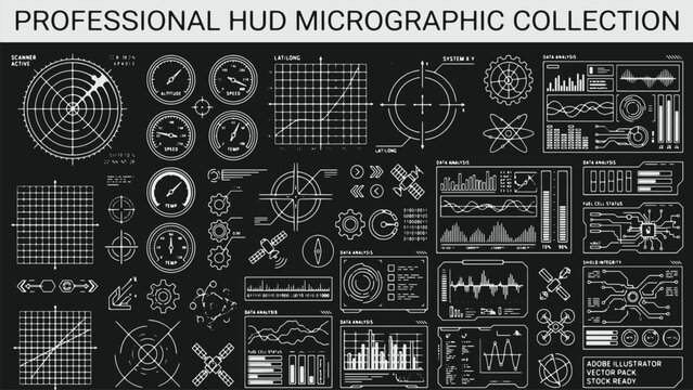 Professional HUD micrographic collection, futuristic UI interface elements, white vector tech dashboard on black background