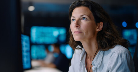 Obraz premium Focused woman working late in a modern with multiple computer screens displaying data and technology in a dimly lit environment