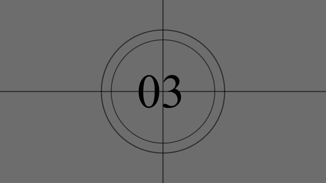 Classic countdown leader, monochrome universal academy leader with rotating clock hand, vintage cinema opening sequence