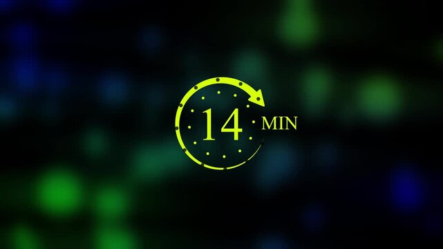 14 Min Neon Timer Clock Animation, Circular Progress Bar Countdown with Arrow Loop, Glowing Green Time Interval Indicator on Dark Blurred Bokeh Lights Background Graphic, 4K Animation Video.
