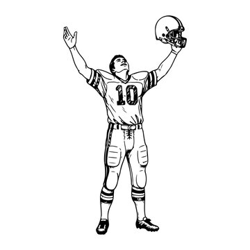 American Football Player Celebrating Victory with Helmet Raised.