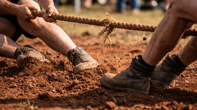 People compete in a tug-of-war event on a muddy field with legs and feet.