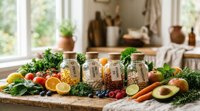 Bottles of health supplements and fresh organic produce displayed on a rustic wooden table