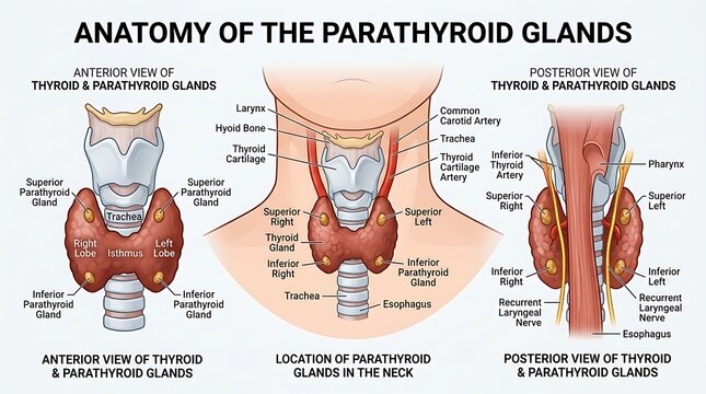 Comprehensive medical diagram of thyroid and parathyroid glands with labeled neck structures