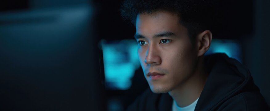 Cybersecurity threats targeting machine learning. Malicious input manipulation attacks. Hacker trying to corrupt AI training data and algorithms using a desktop computer.