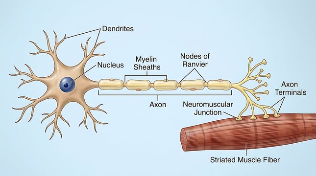 Detailed biological diagram of a neuron and neuromuscular junction with labeled cellular components
