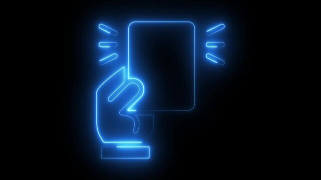 Neon glowing hand holding penalty card animation, sports referee warning symbol, digital ui for soccer and athletics