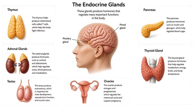 Educational diagram of human endocrine glands showing brain and body organs with hormone function labels