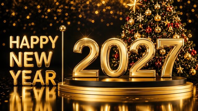 Happy New Year 2027 Golden 3D Illustration with Luxury Fireworks Background