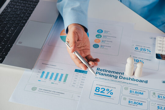 Financial advisor reviewing retirement planning dashboard, readiness score, retirement fund goal, savings milestones, long-term wealth strategy for future retirement security, financial independence