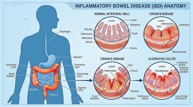 Inflammatory bowel disease anatomy infographic detailing normal intestinal wall versus crohn disease and colitis