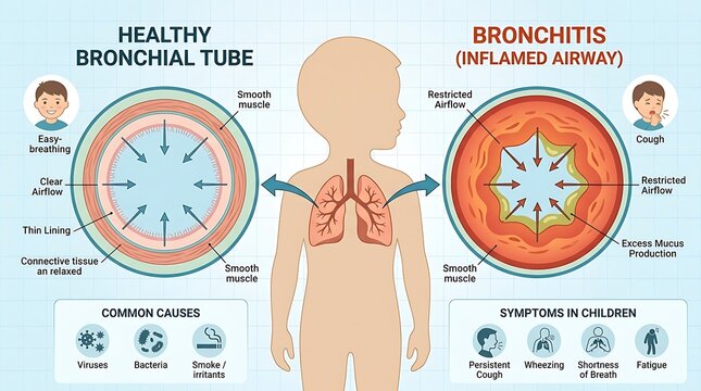 Infographic of bronchitis in children showing healthy bronchial tube versus inflamed airway and symptoms