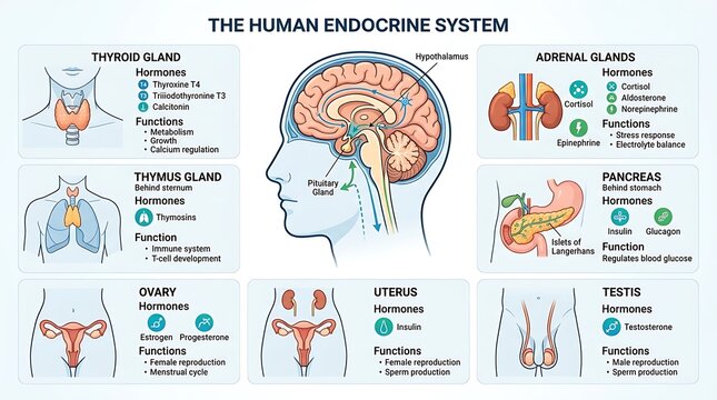 Informative medical infographic of the human endocrine system detailing glands, hormones, and biological