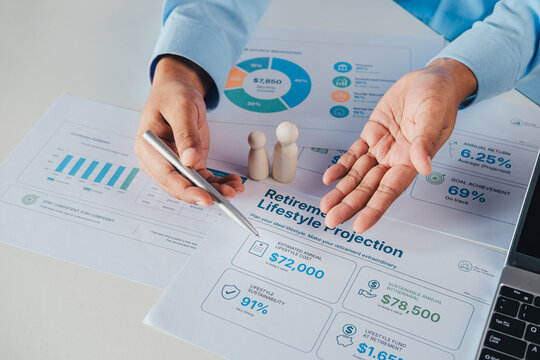 Financial advisor reviewing retirement lifestyle projection dashboard, future living expenses, lifestyle sustainability analysis, retirement spending goals, long-term quality of life planning strategy
