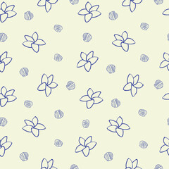 Plumeria flower and scallop shell seamless pattern, cream background with navy blue outline. Tropical beach repeat design, hand drawn vector texture for fabric wallpaper packaging. © Evgeniya Platonova