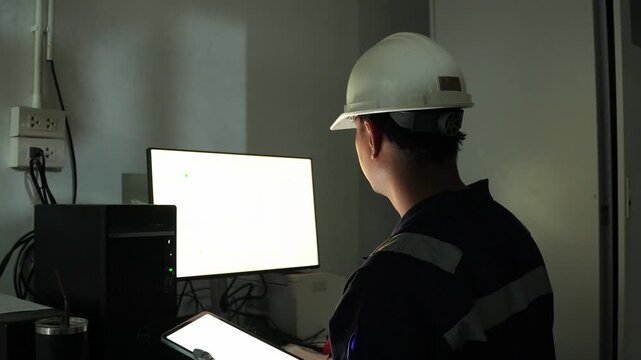 Engineer use digital tablet analysis environment protection system air pollution reduction in factory industrial management. Continuous emission monitoring system. Environmental day energy saving. ESG
