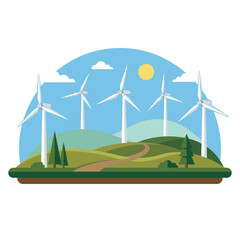 Obraz premium A serene landscape features a tall wind turbine. Green hills and trees complete the clean environmental scene.