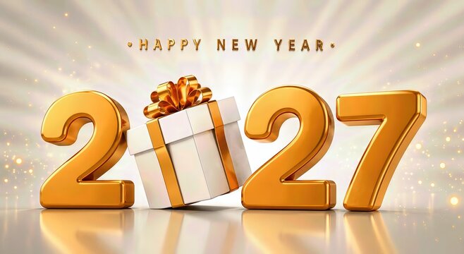 Happy New Year 2027 Golden 3D Illustration with Luxury Fireworks Background