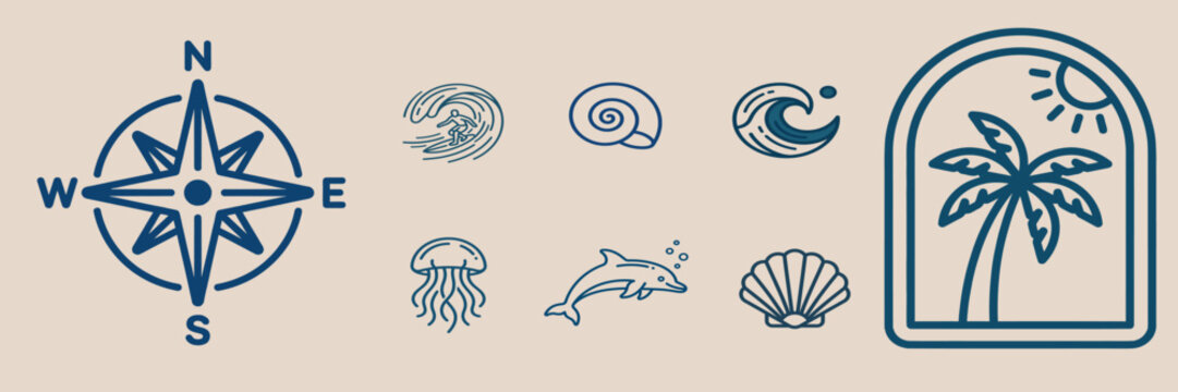 Set of summer travel line art icons including a compass rose navigation tool, surfing wave, tropical palm tree, swimming dolphin, jellyfish and various seashells for coastal beach vacation design