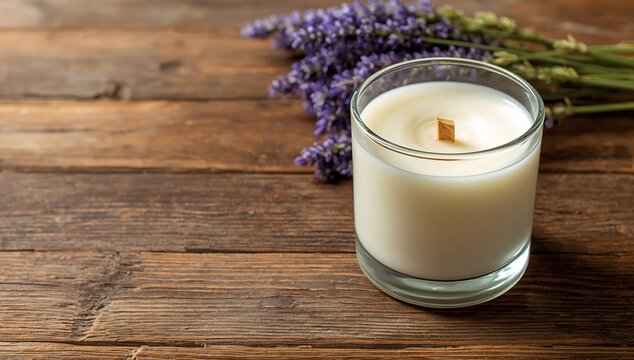 Top view of handmade soy candles in glass jars surrounded by dried flowers on a rustic wooden surface. Cozy natural composition with copy space, perfect for aromatherapy, home decor, wellness, handmad