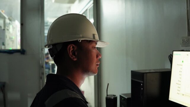 Engineer use digital tablet analysis environment protection system air pollution reduction in factory industrial management. Continuous emission monitoring system. Environmental day energy saving. ESG