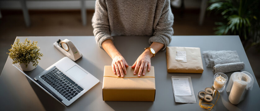Person wrapping and preparing packages on a desk with laptop, tape dispenser, plant, and packing materials in a home setting
