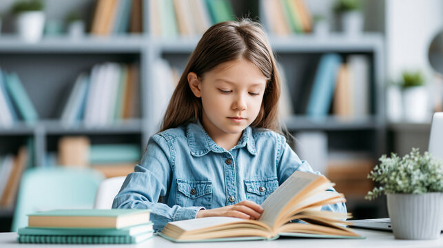 Young girl reading a book at a desk, focused on learning and education, developing literacy skills, knowledge, concentration, academic growth and student success