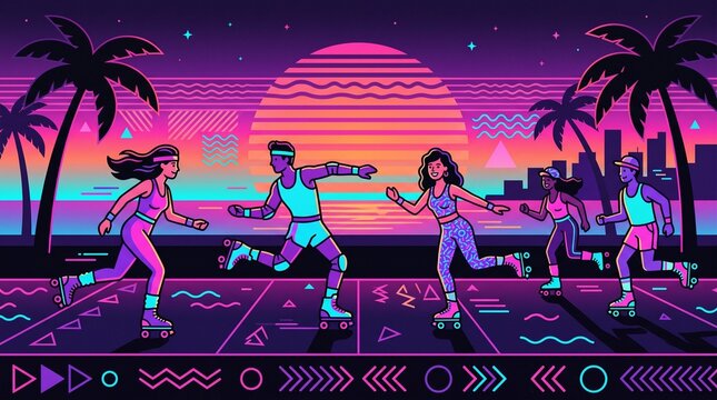 Synthwave retro roller skating scene with neon sunset