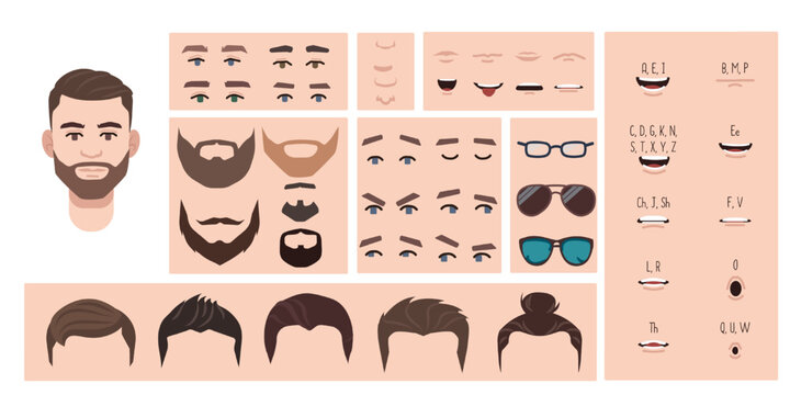 Man face constructor, avatar of male character creation hairstyle, nose, eyes with eyebrows and lips. Facial elements for construction. Cartoon set suitable for animation and lip sync speaking.